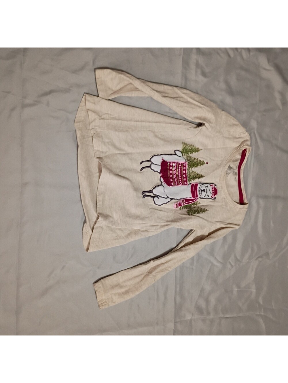 Maggie & Zoe Cream Long Sleeve Shirt with Festive Llama Print, Size S
